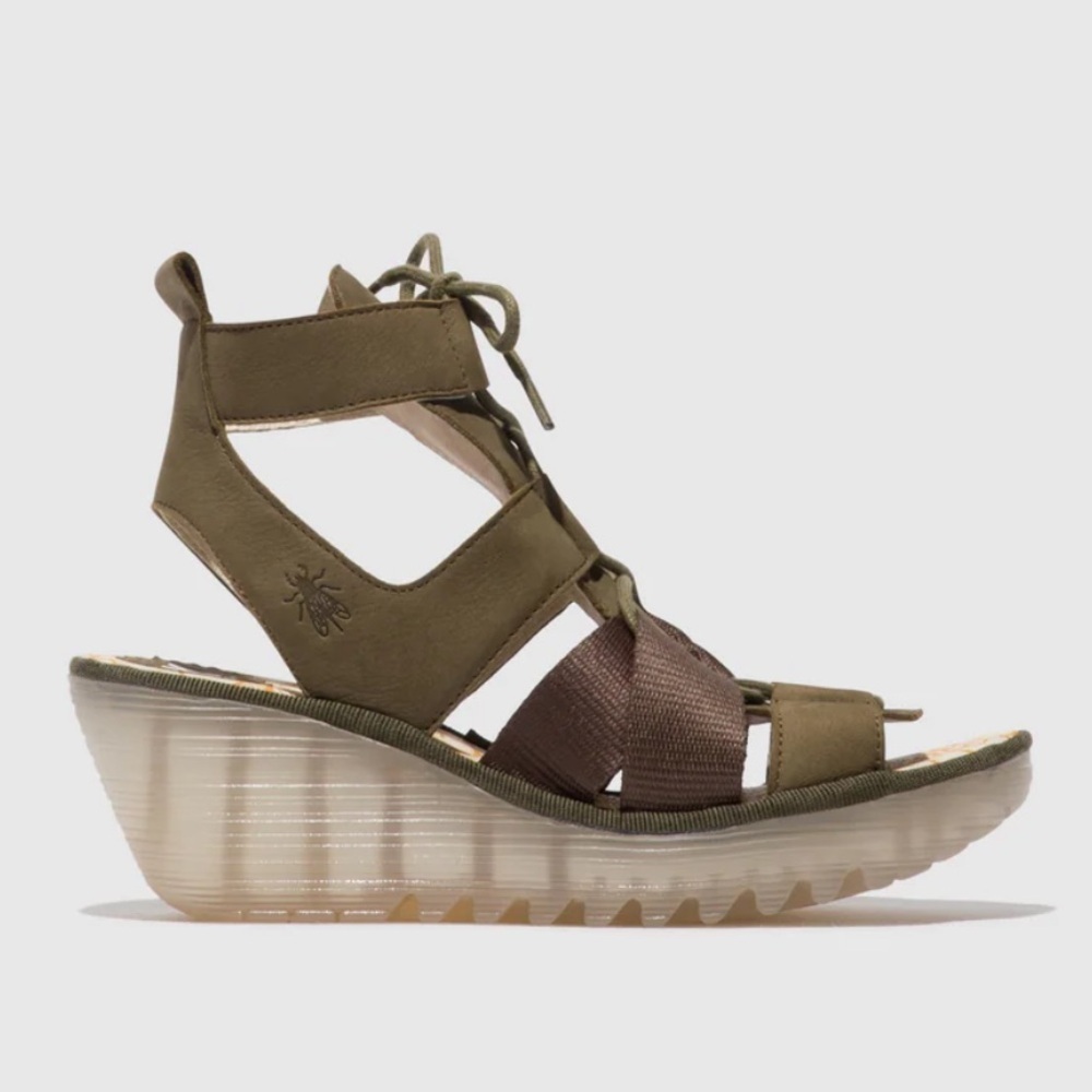 FLY London | Lace Up Sandal Wedge Khaki Green 39